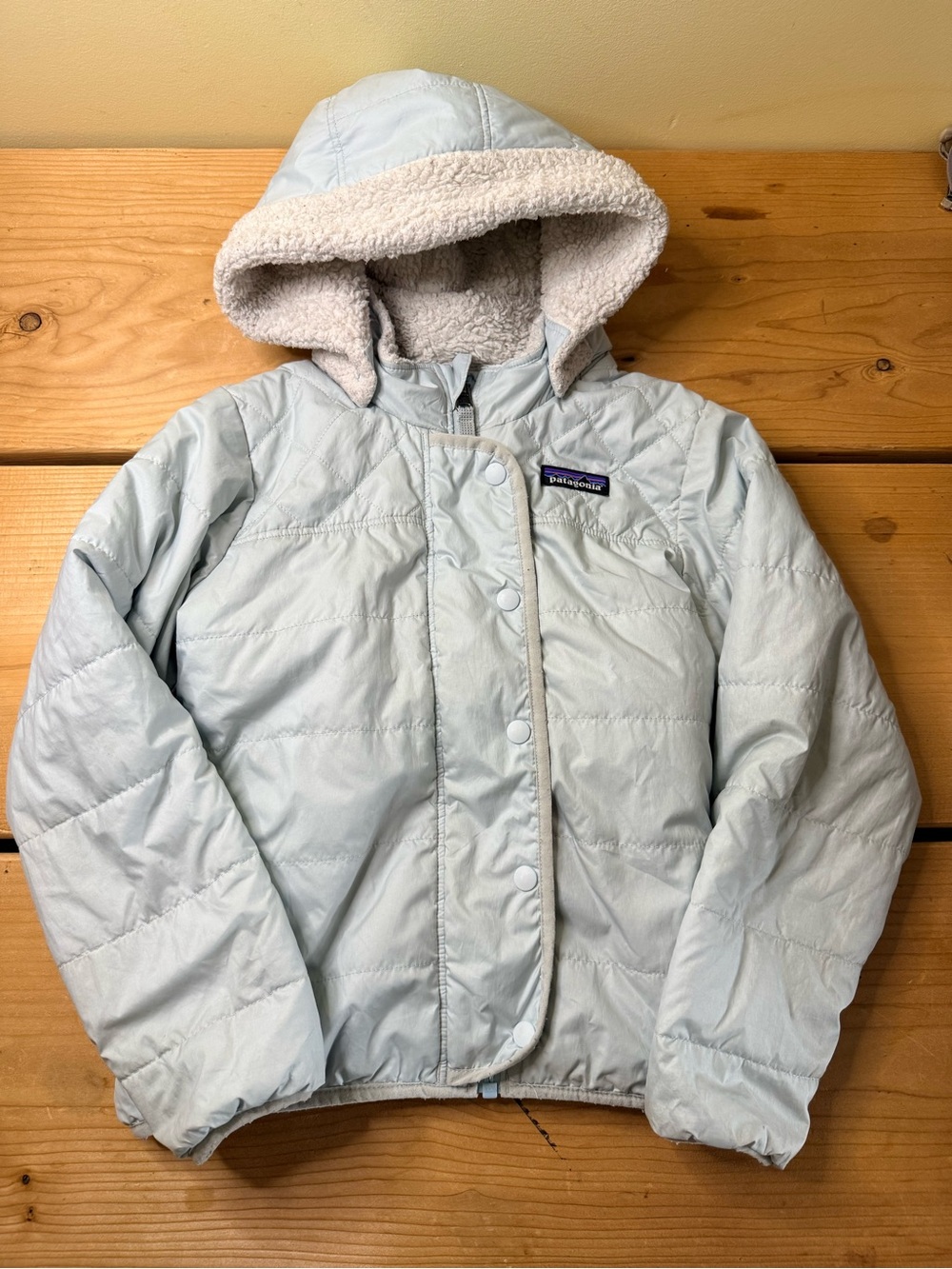 Patagonia Girls Jacket Reversible Dream Song Faux Sherpa Fleece Sz XS 5-6 Blue